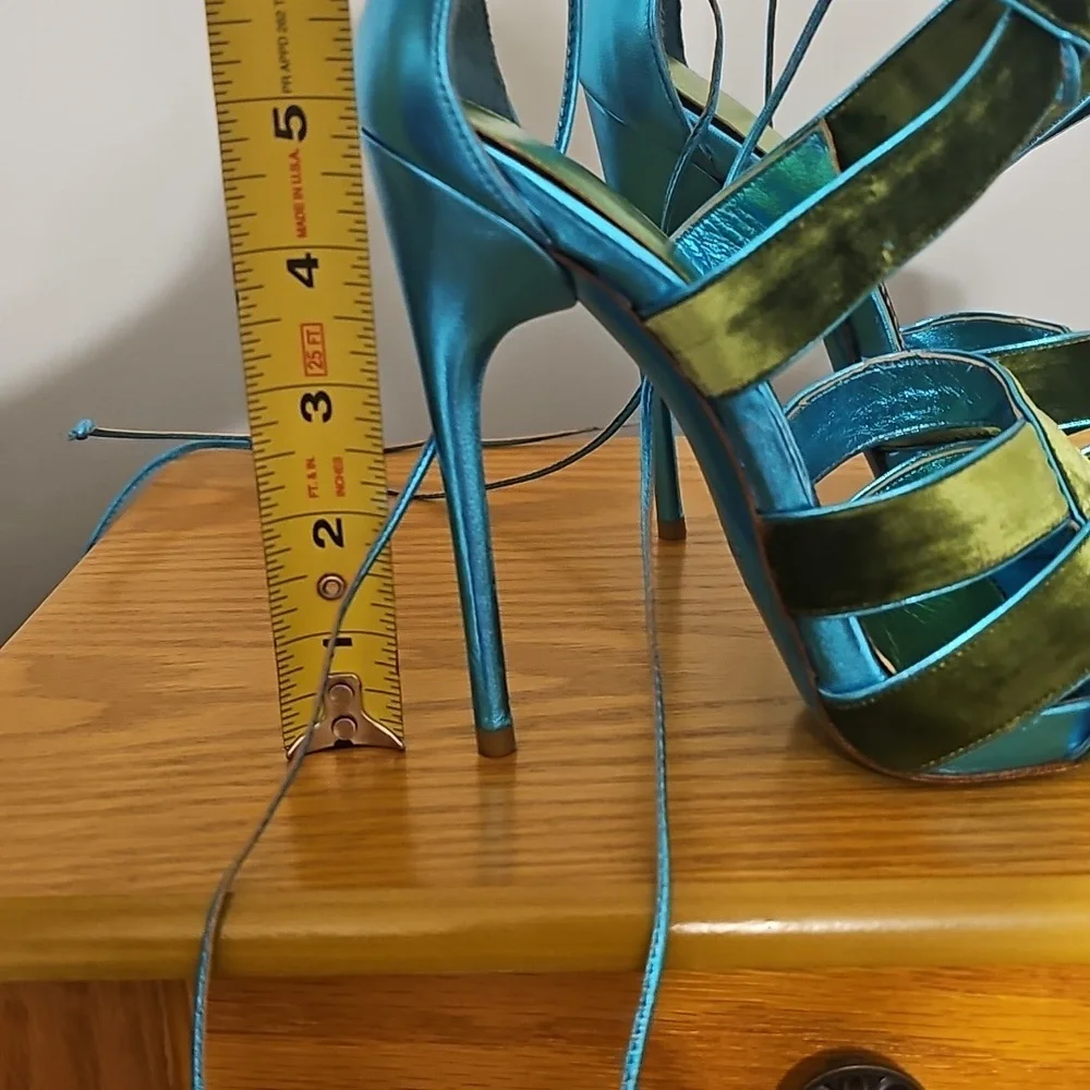 Tom Ford Teal and Lime Green Satin Strappy High Heel Sandals - Picture 13 of 13